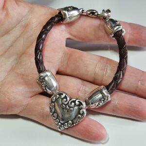 vtg Brighton Retired Silver Plated Cupids Bandit Leather Heart Bracelet 7.5-8.5"